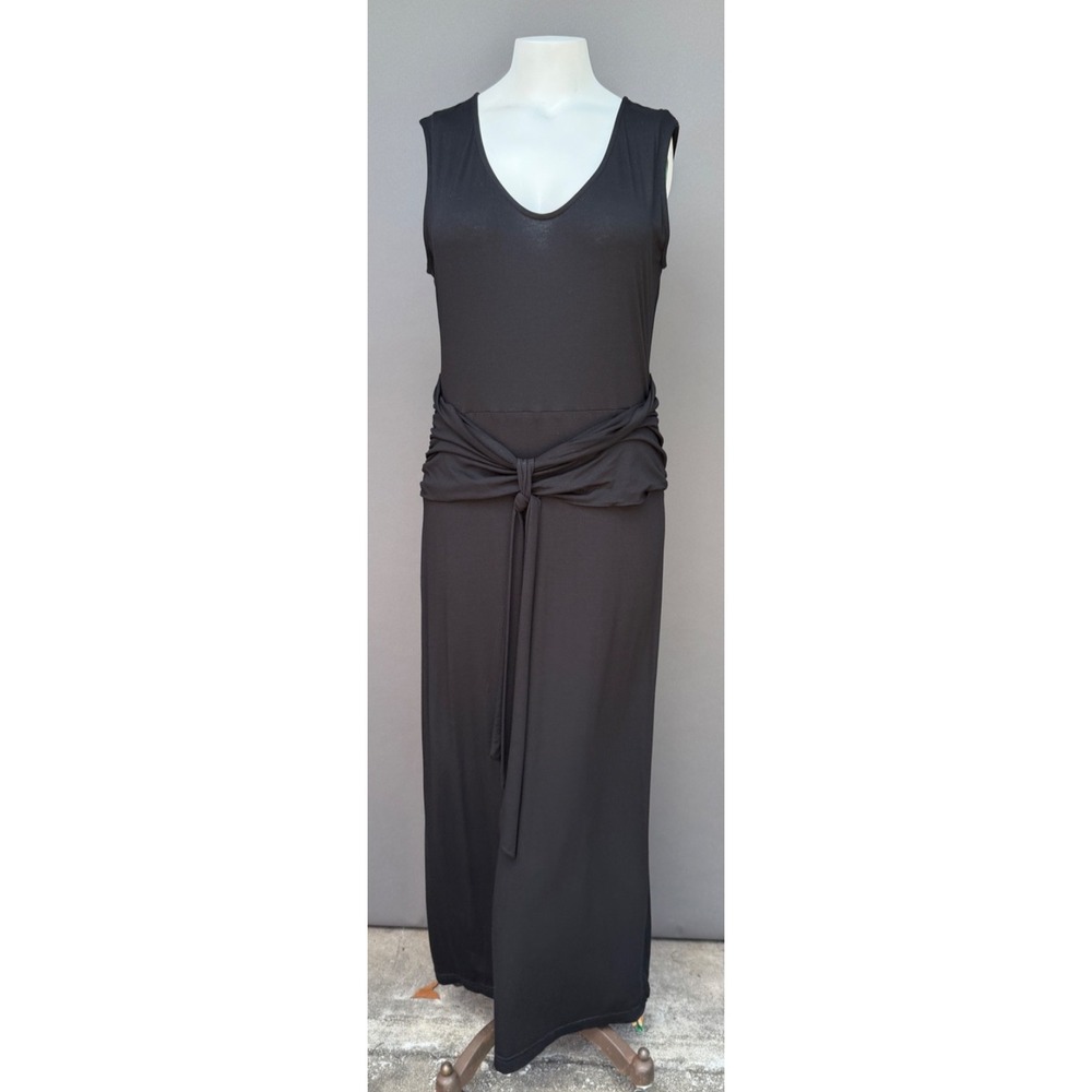 Vintage Karen Alexander Black Maxi Dress XL Knotted Tie Waist Cinched Sleeveless